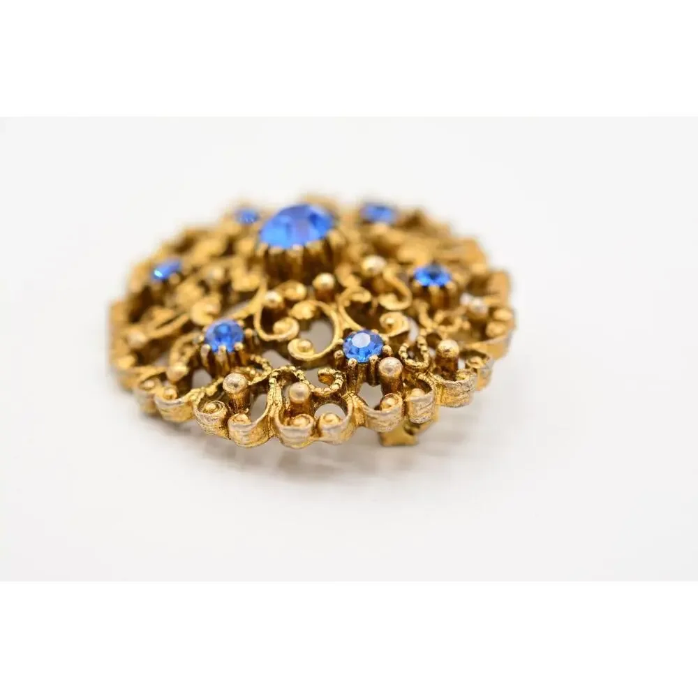 JJ Vintage Pin Brooch Blue Rhinestone Crystal Antiqued Gold Signed 1980s Bin7